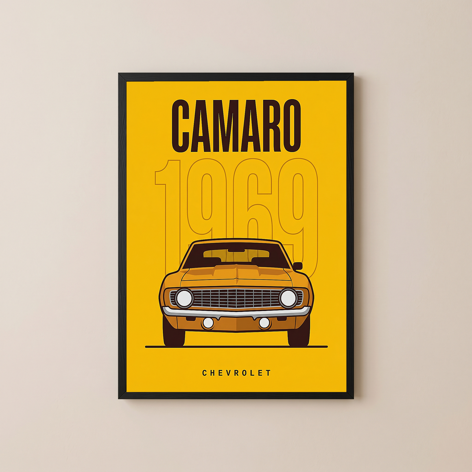 Chevrolet Camaro 1969 V2 Yellow Minimalist Poster — Muscle Car Line Art