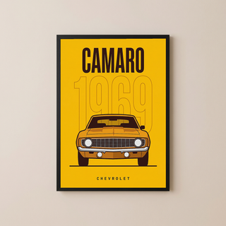 Chevrolet Camaro 1969 V2 Yellow Minimalist Poster — Muscle Car Line Art