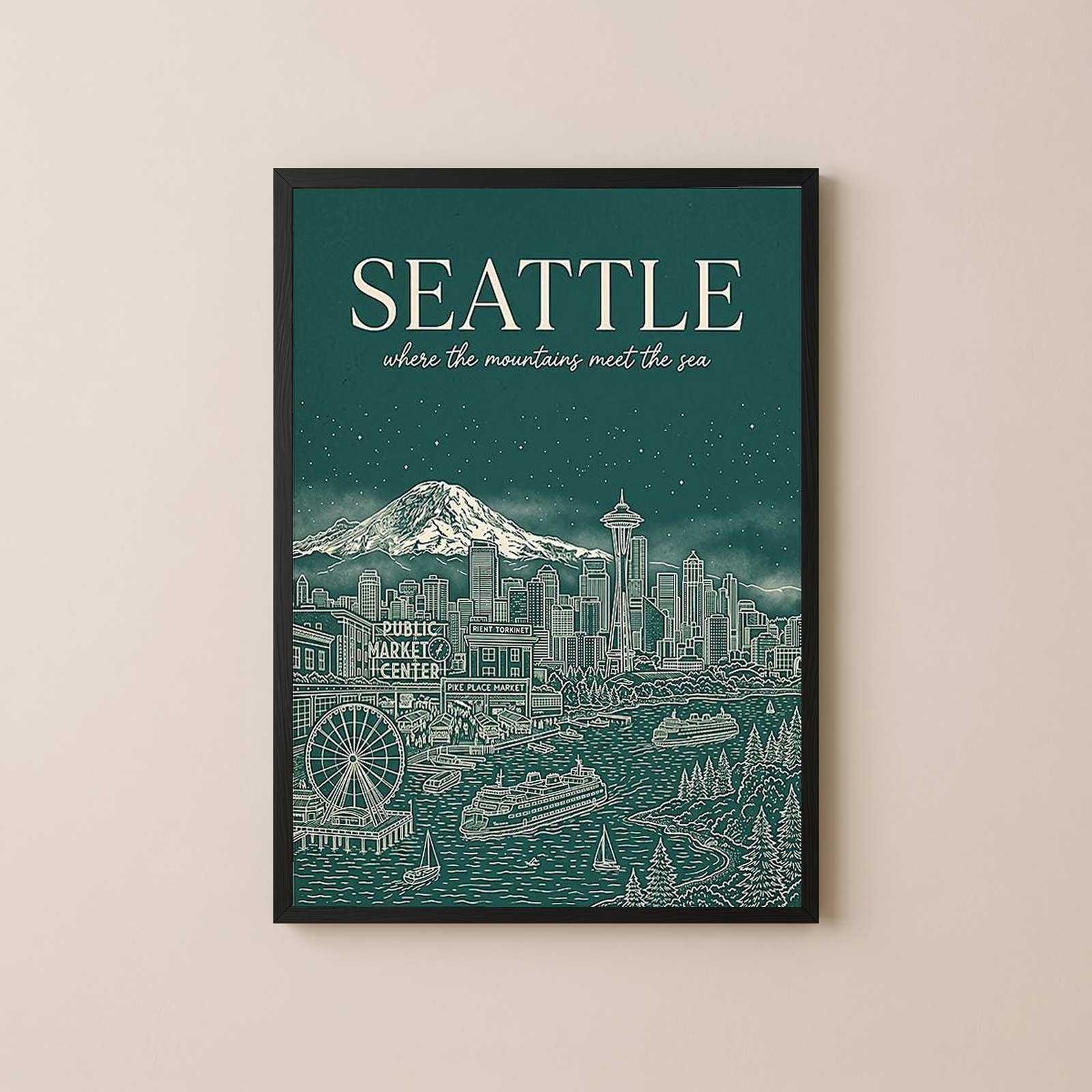 Seattle Line Art Travel Poster — Mount Rainier Cityscape Pacific Northwest Print