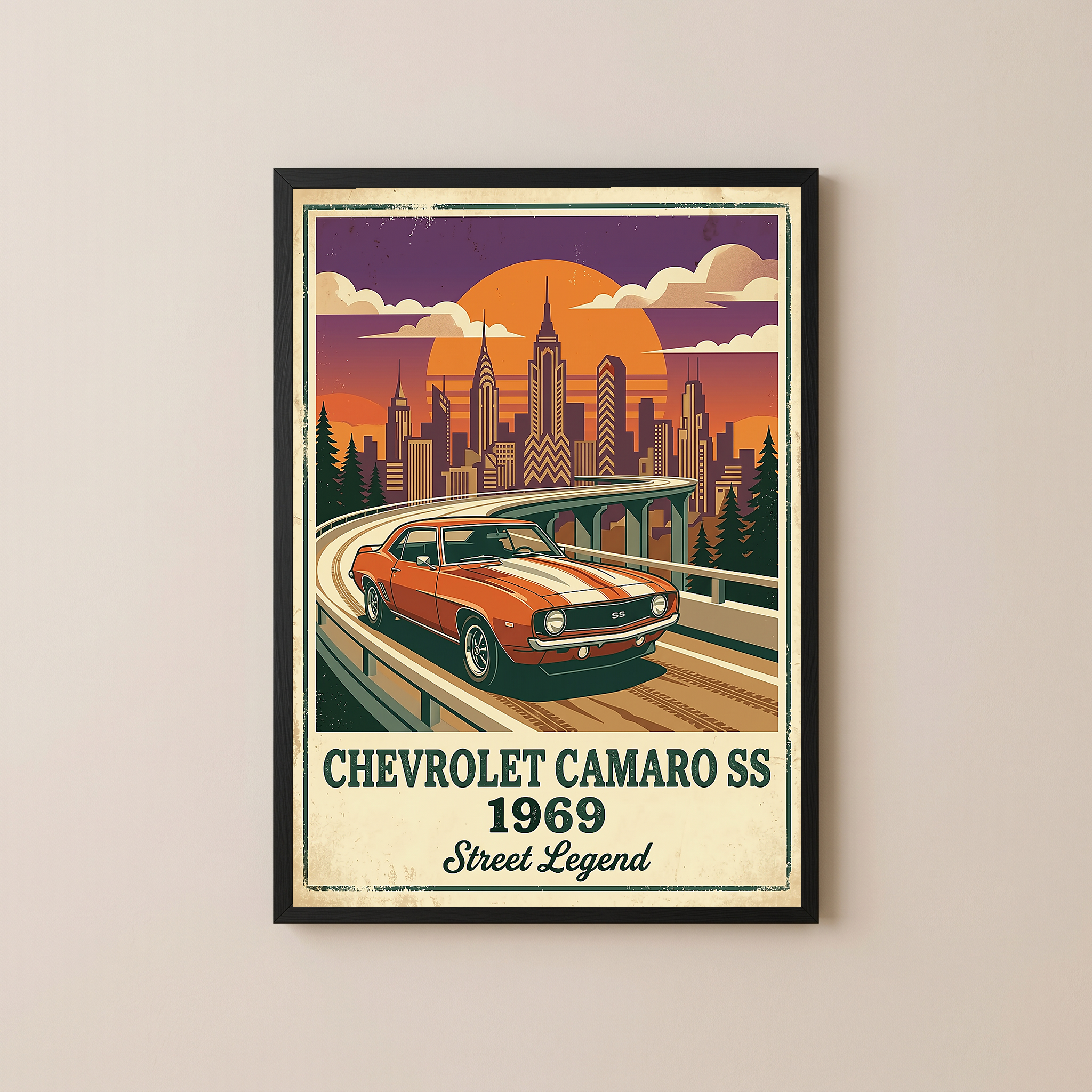 Chevrolet Camaro SS 1969 Poster — Vintage Muscle Car City Skyline Print