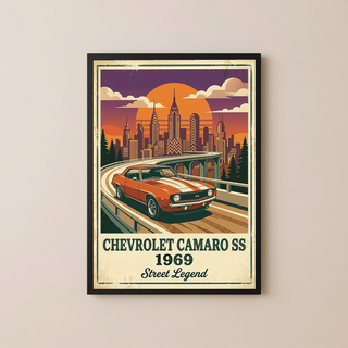 Chevrolet Camaro SS 1969 Poster — Vintage Muscle Car City Skyline Print