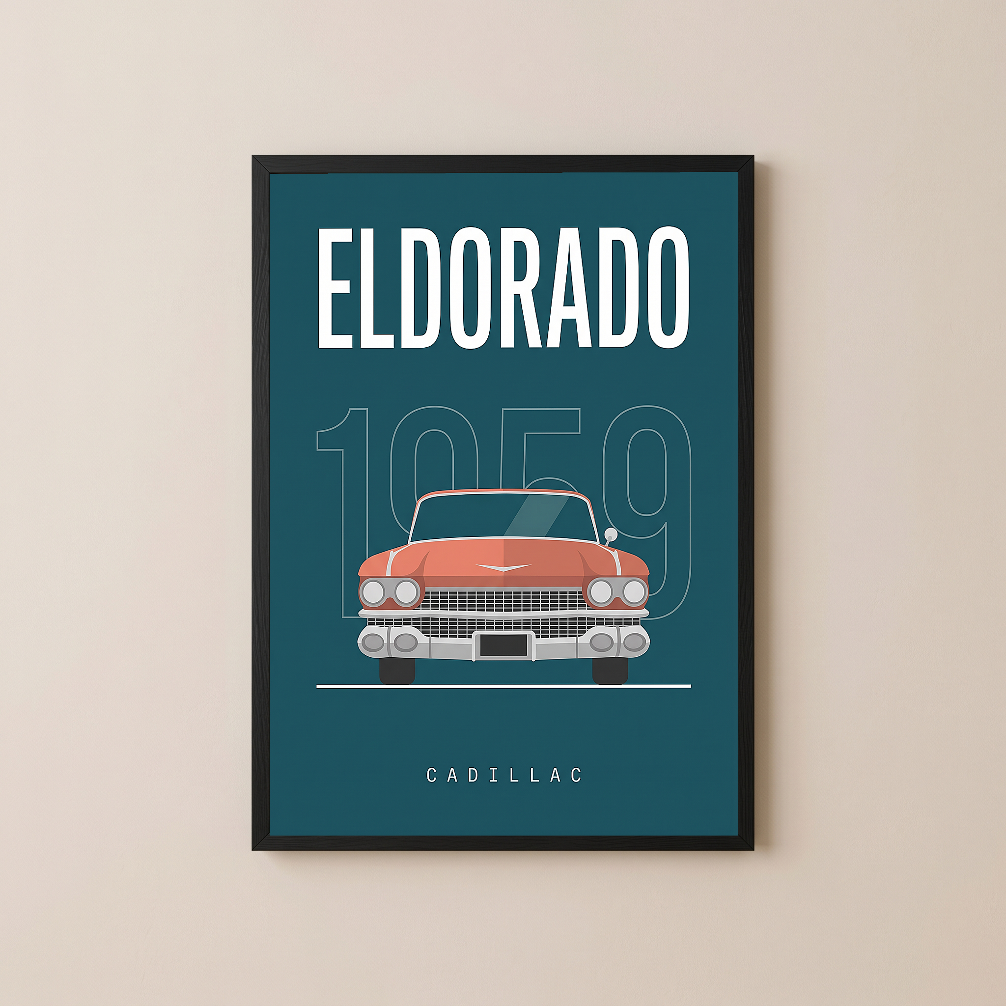 Cadillac Eldorado 1959 Minimalist Poster — Teal Tail-Fin Classic Line Art