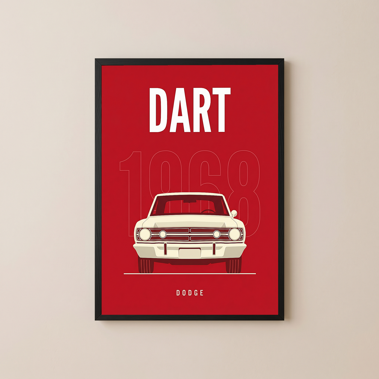 Dodge Dart 1968 Minimalist Poster — Ivory on Cherry Red Muscle Line Art