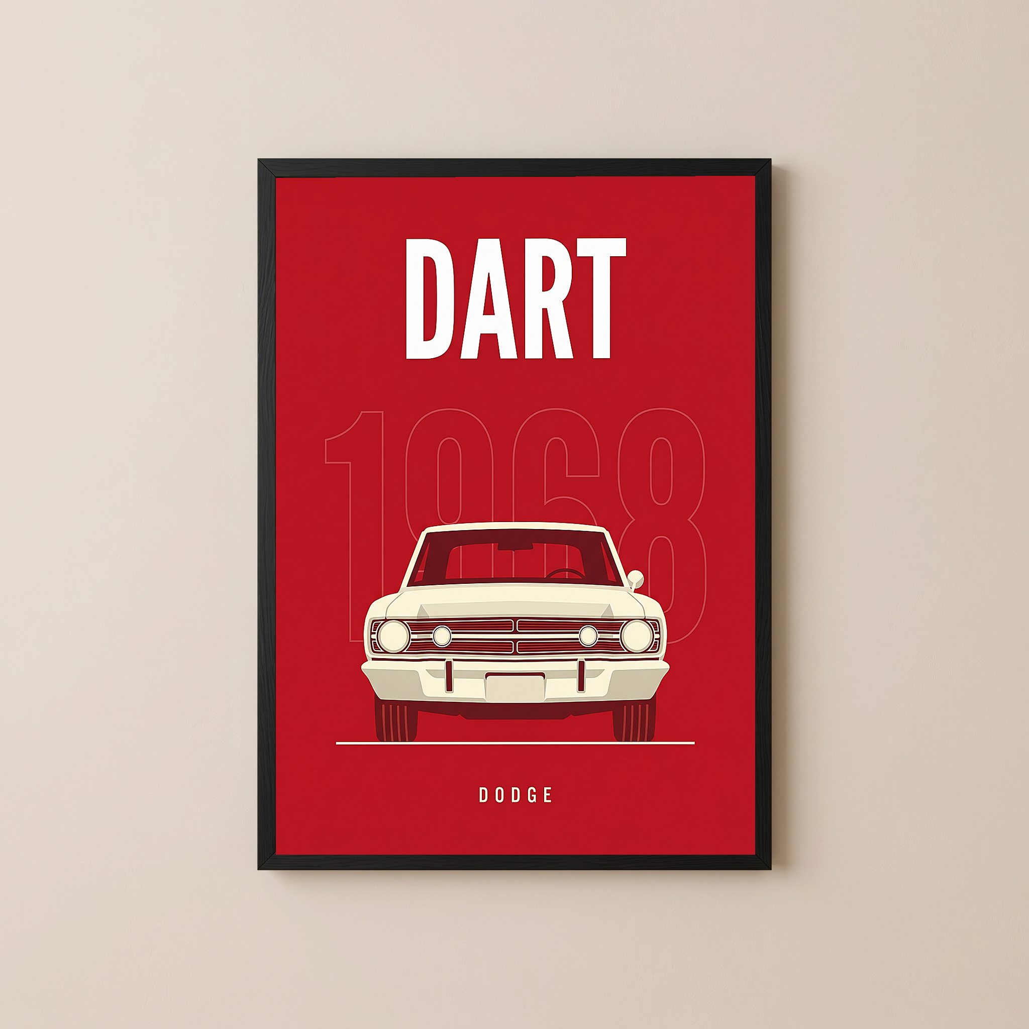 Dodge Dart 1968 Minimalist Poster — Ivory on Cherry Red Muscle Line Art