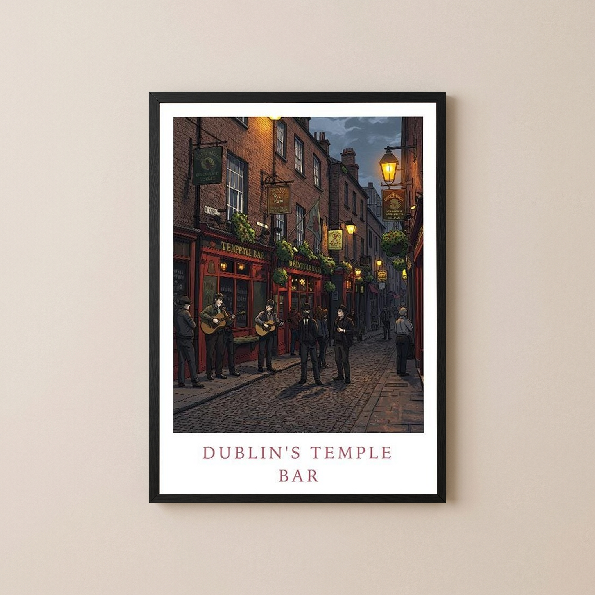 Dublin Ireland Travel Poster — Temple Bar Irish Pub Buskers Night Print