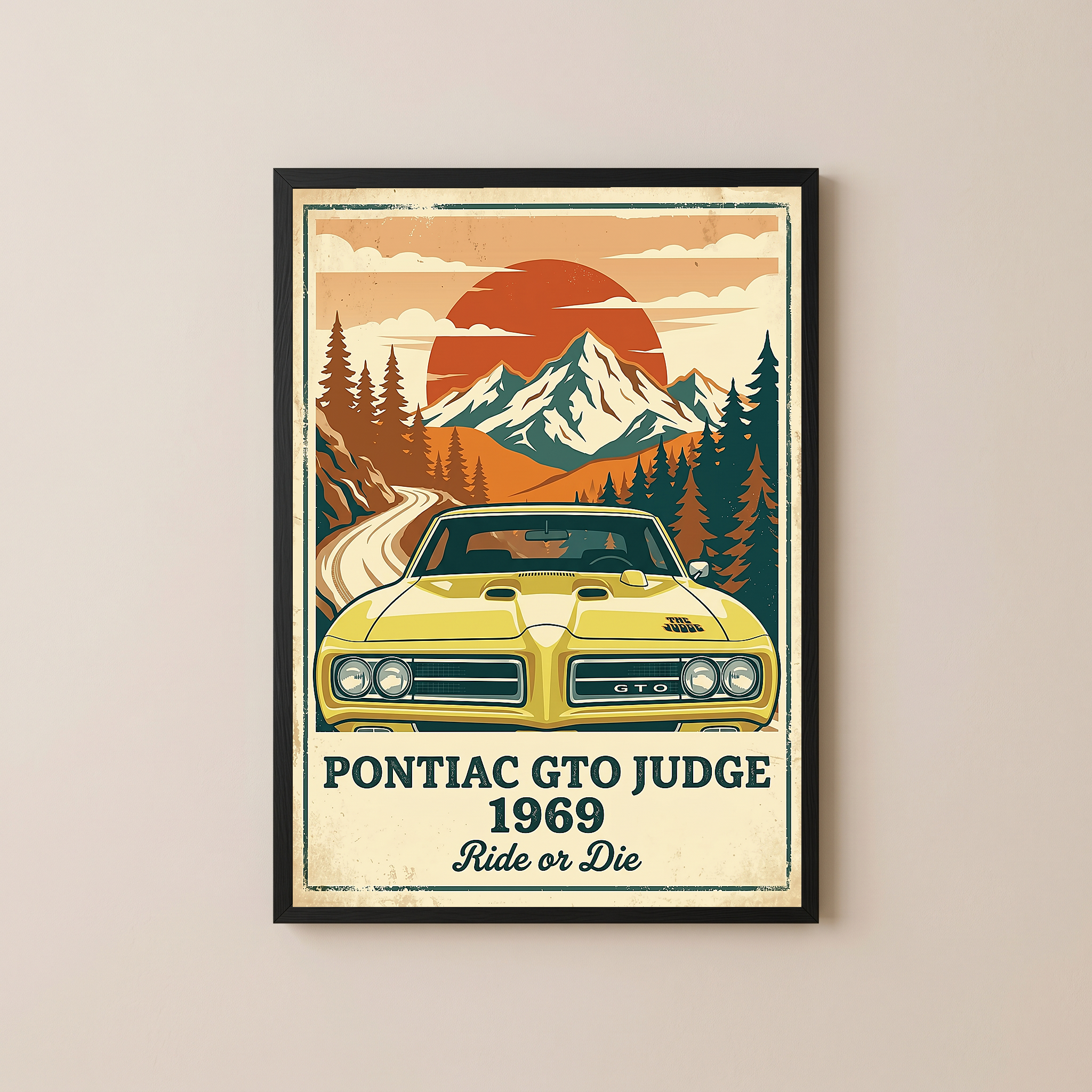 Pontiac GTO Judge 1969 Poster — Vintage Muscle Car Mountain Sunset Print
