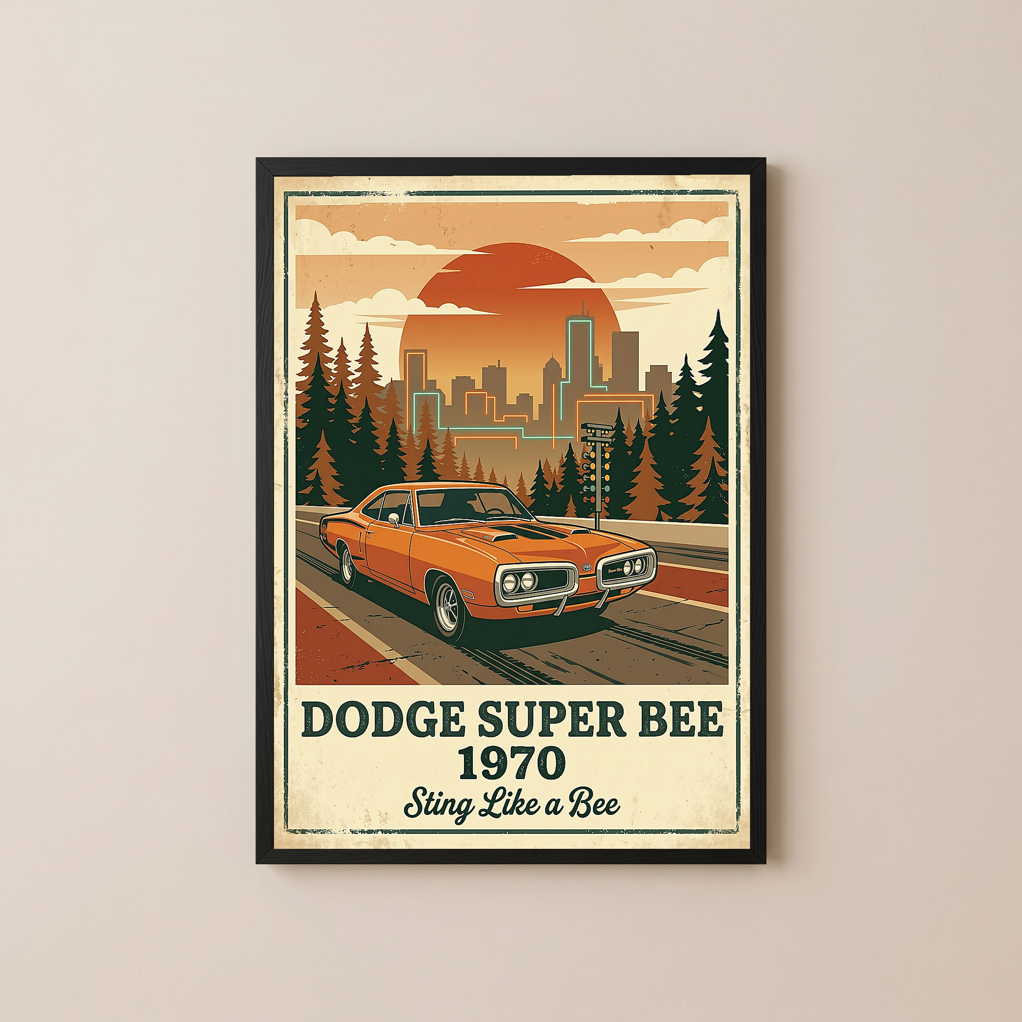 Dodge Super Bee 1970 Poster — Vintage Muscle Car City Skyline Print