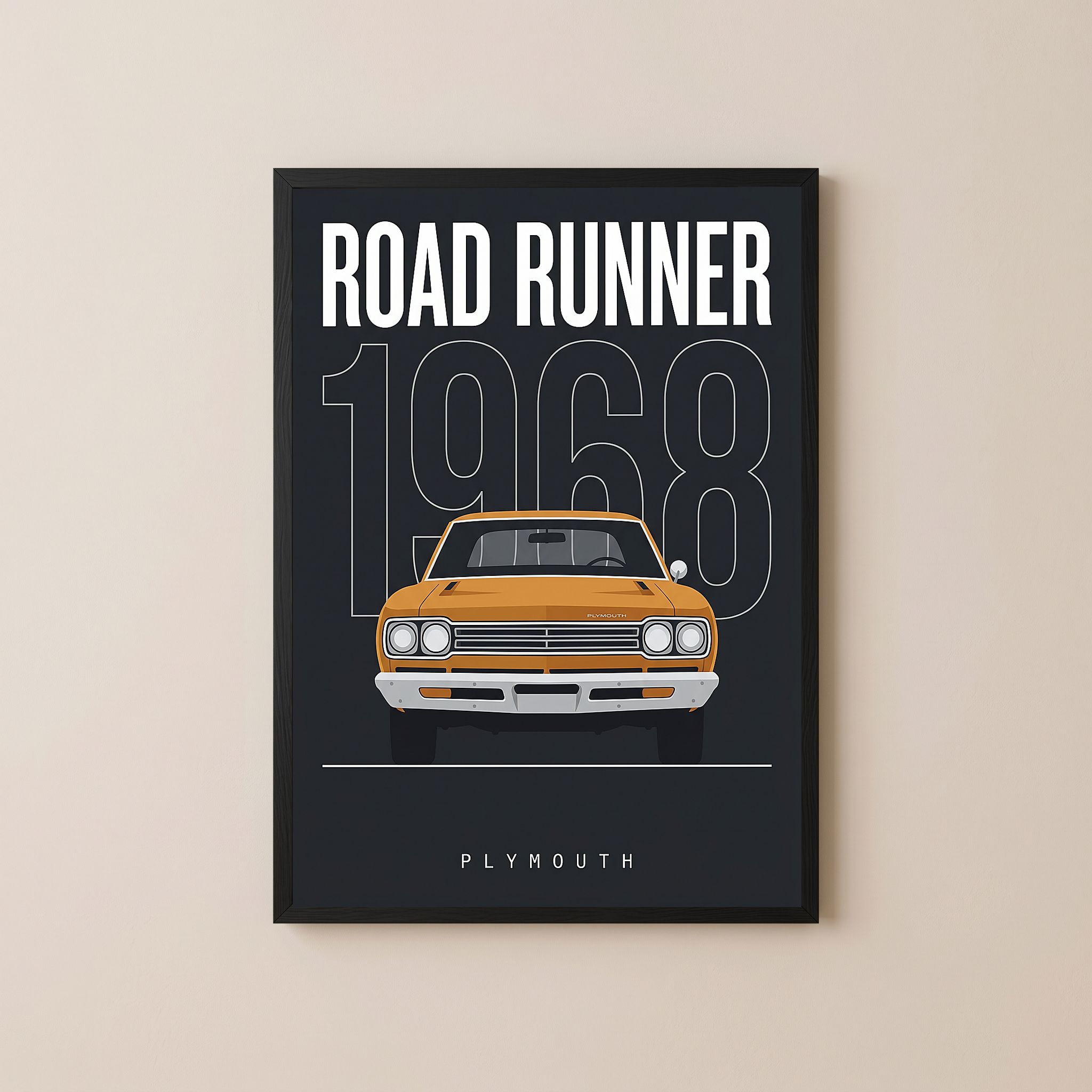 Plymouth Road Runner 1968 Minimalist Poster — Charcoal Muscle Car Line Art