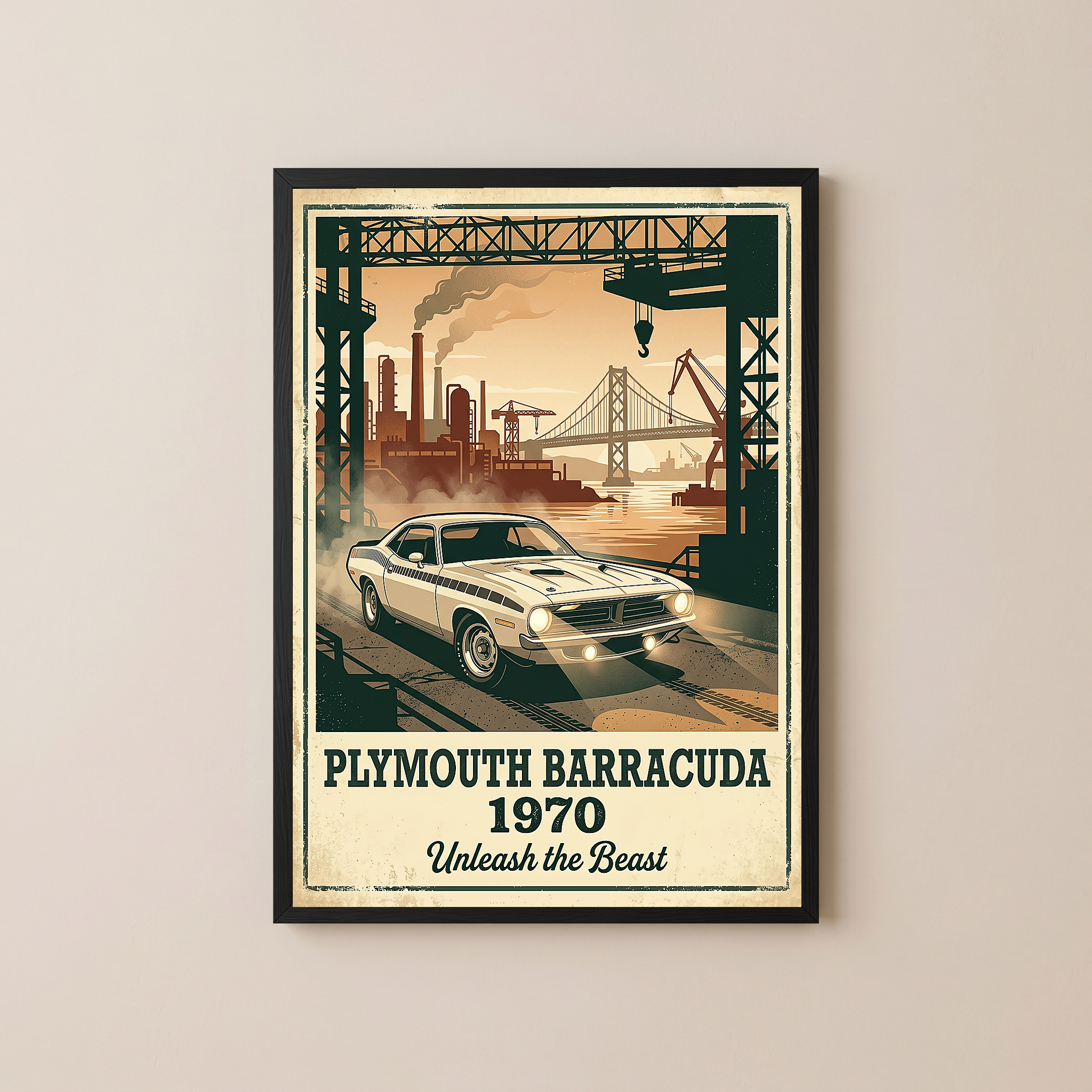 Plymouth Barracuda 1970 V2 Poster — Vintage Muscle Car Industrial Port Print