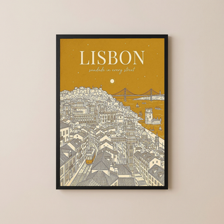 Lisbon Line Art Print — Mustard Yellow Tram Belém Tower Skyline Wall Art