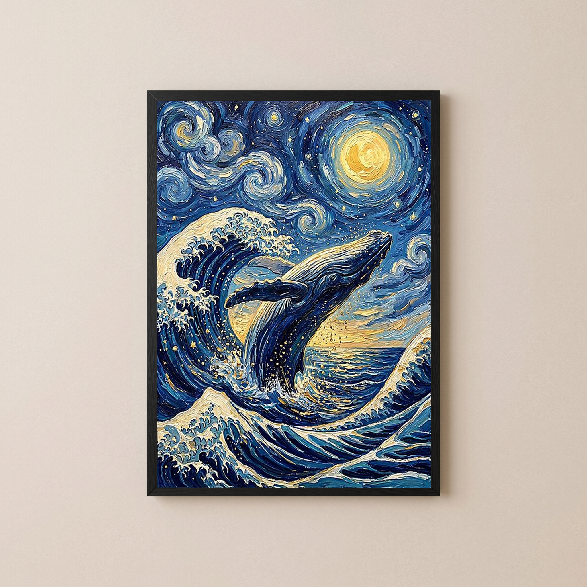 Breaching Whale Starry Night Print — Van Gogh-Style Ocean Humpback Wall Art