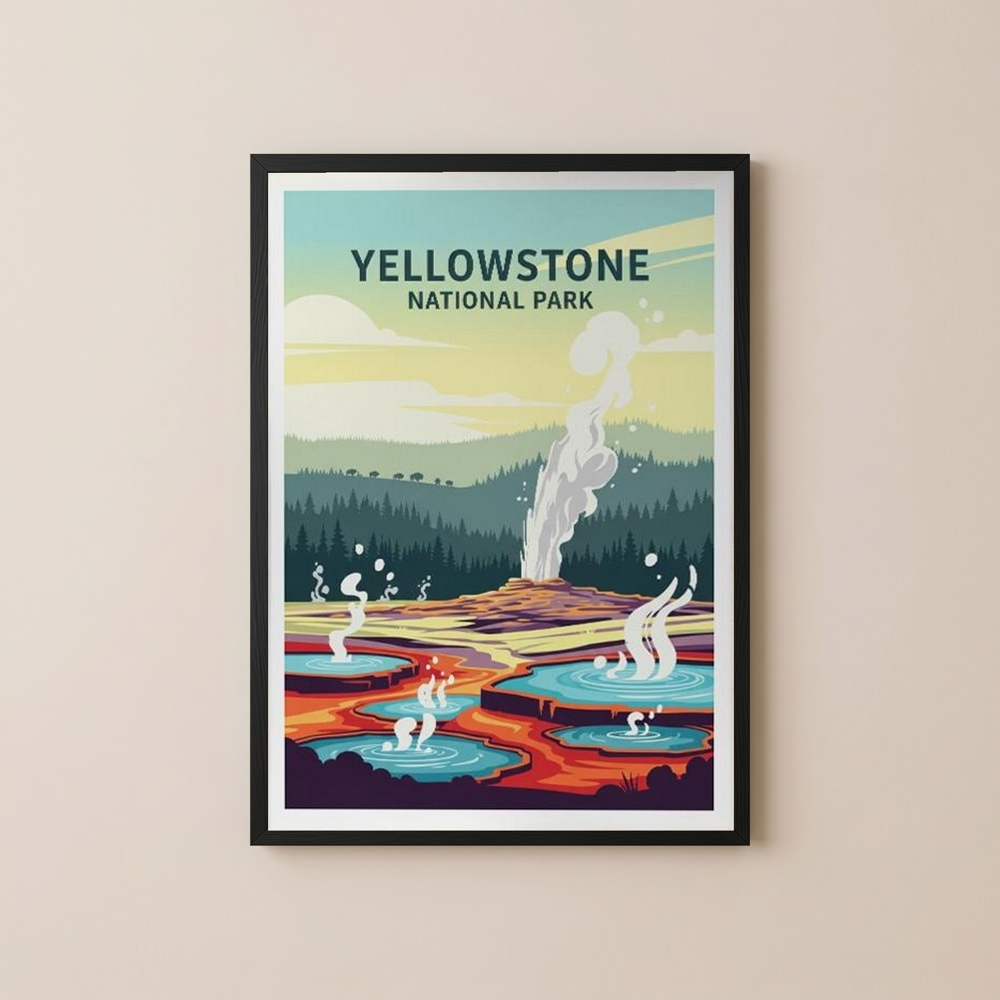 Yellowstone National Park Poster — Vintage Old Faithful Grand Prismatic Spring Print