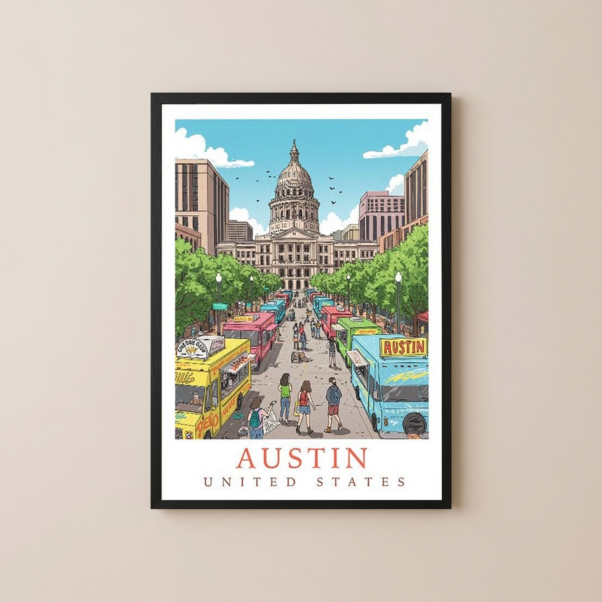 Austin Texas Travel Poster — State Capitol Food Truck Congress Print