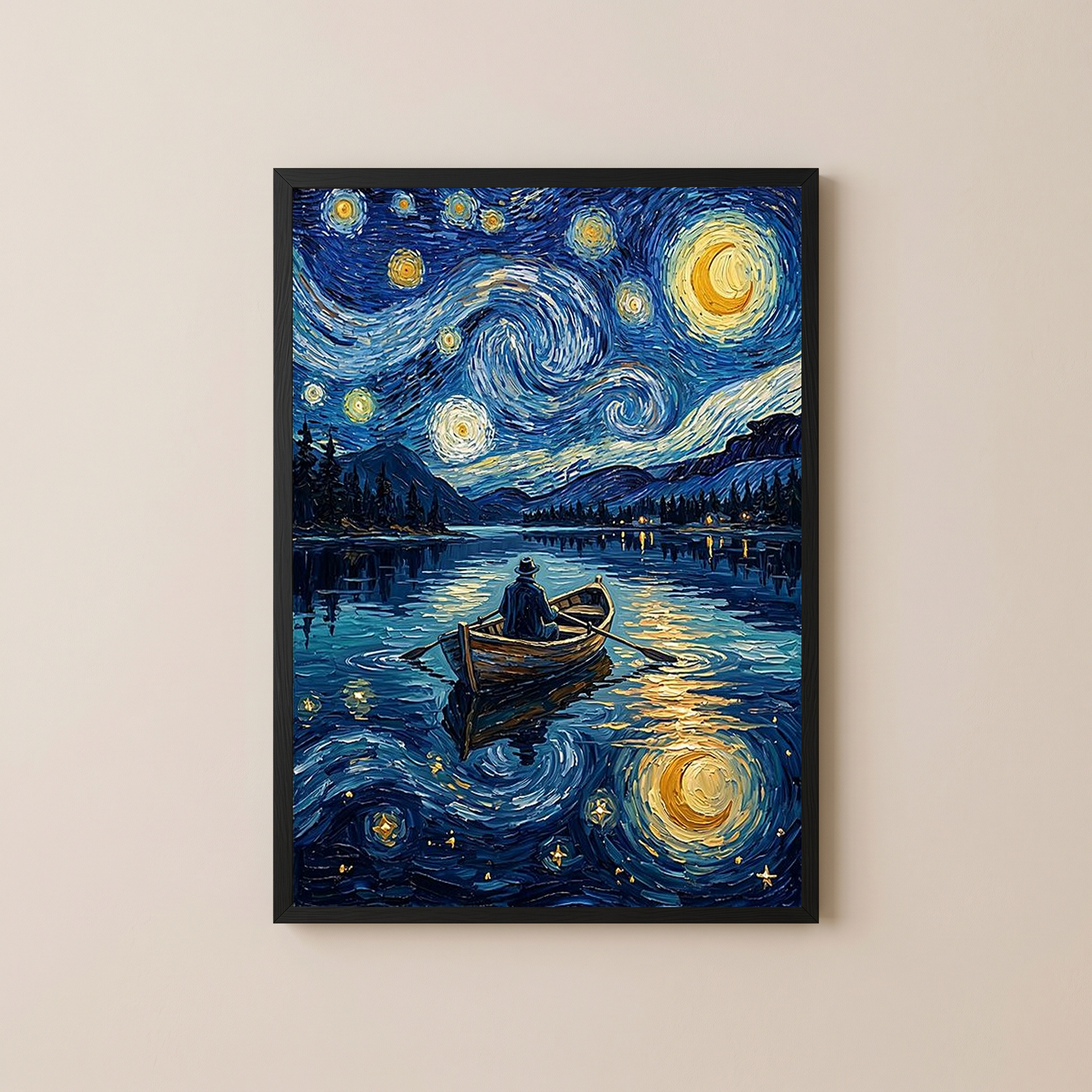 Moonlit Lake Rowboat Print — Van Gogh-Style Night Fishing Cabin Wall Art
