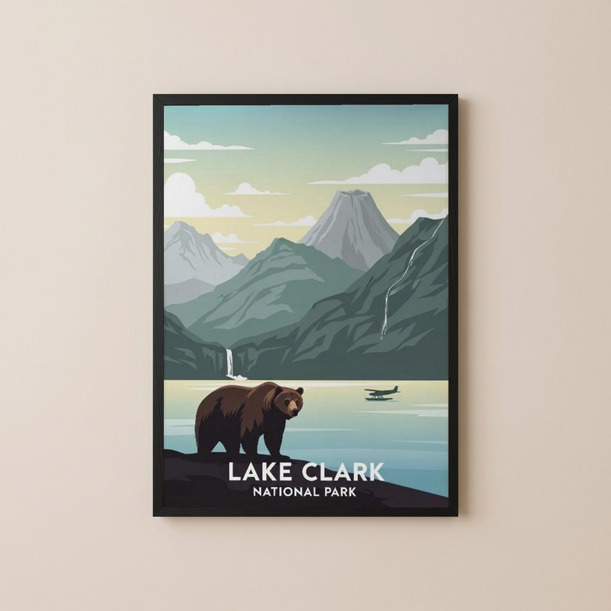 Lake Clark National Park Poster — Vintage Alaska Brown Bear Floatplane Print