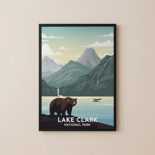 Lake Clark National Park Poster — Vintage Alaska Brown Bear Floatplane Print