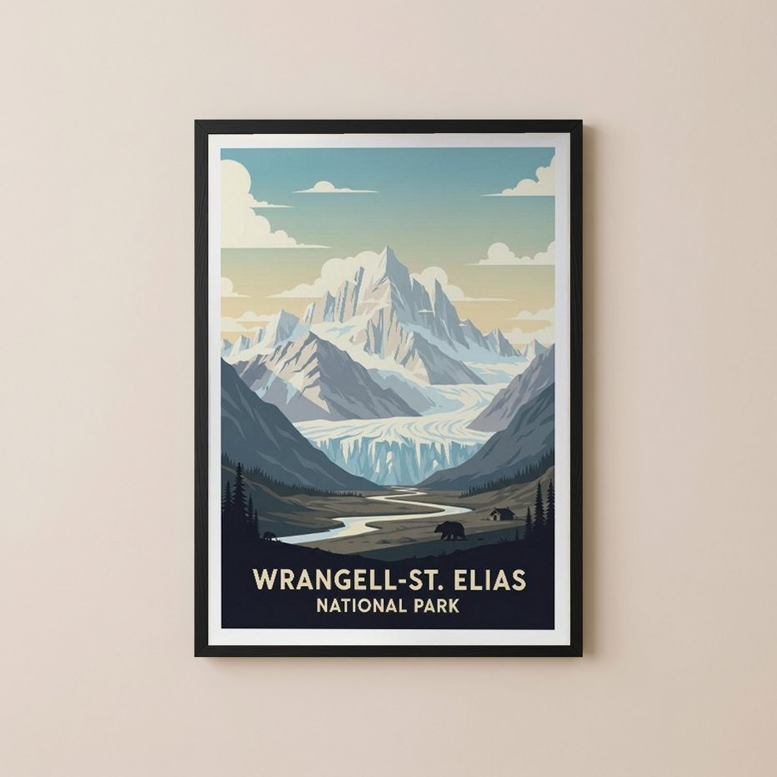 Wrangell-St. Elias National Park Poster — Vintage Alaska Glacier Mountain Bear Print