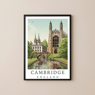 Cambridge England Travel Poster — King's College Punting River Cam Print