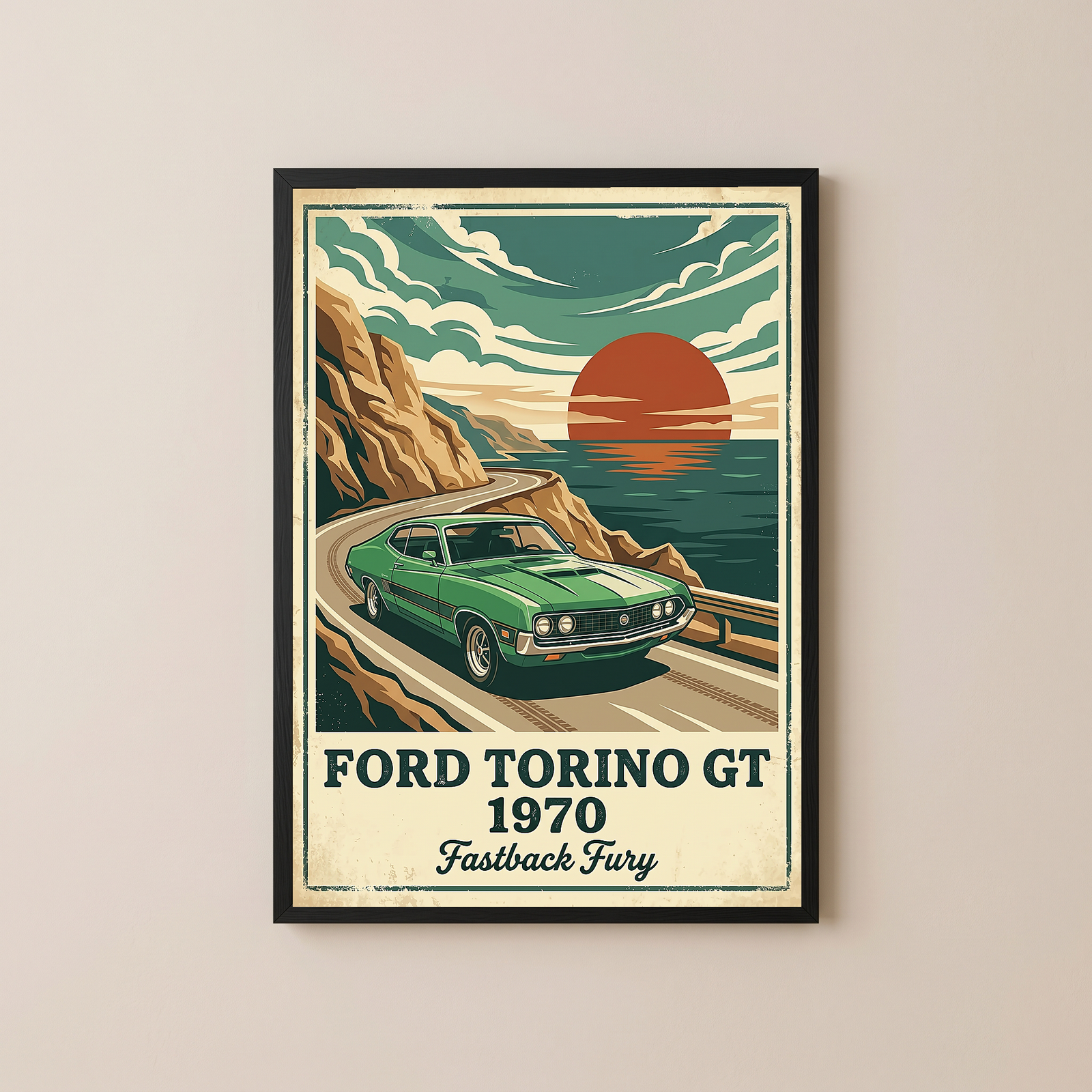 Ford Torino GT 1970 Poster — Vintage Muscle Car Coastal Cliff Sunset Print