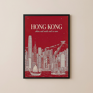 Hong Kong Line Art Print — Crimson Victoria Harbour Skyline Junk Boat Wall Art