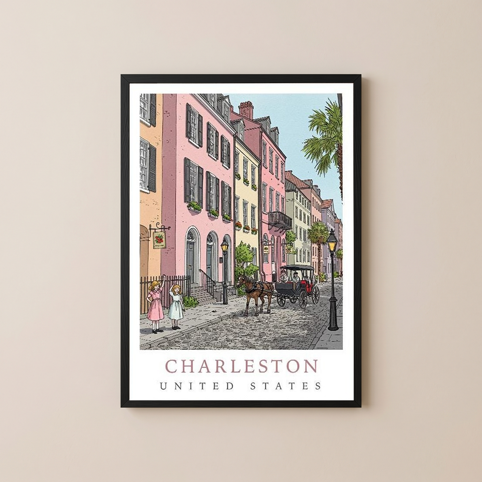 Charleston SC Travel Poster — Rainbow Row Carriage Ride Pastel Print