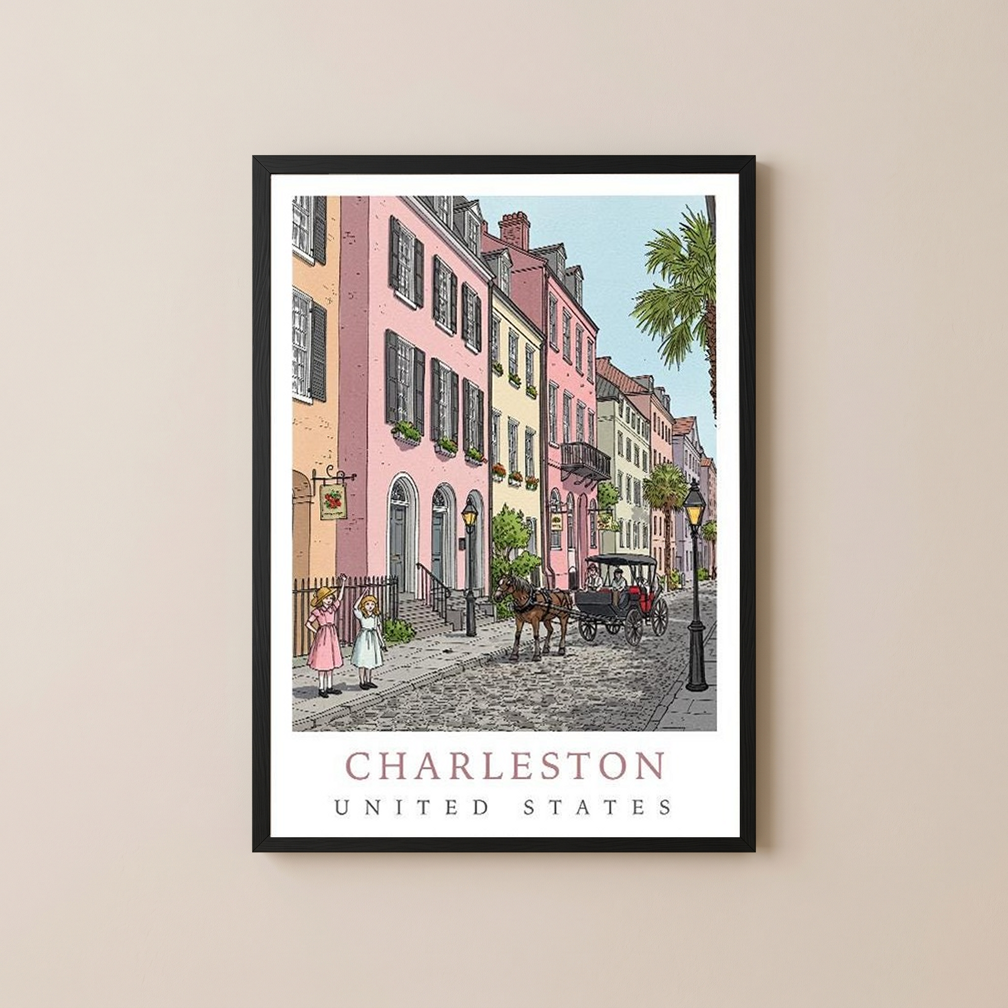 Charleston SC Travel Poster — Rainbow Row Carriage Ride Pastel Print