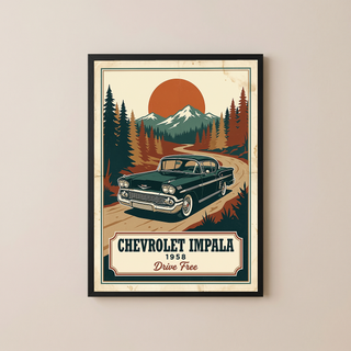 Chevrolet Impala 1958 Poster — Vintage Muscle Mountain Pine Sunset Print