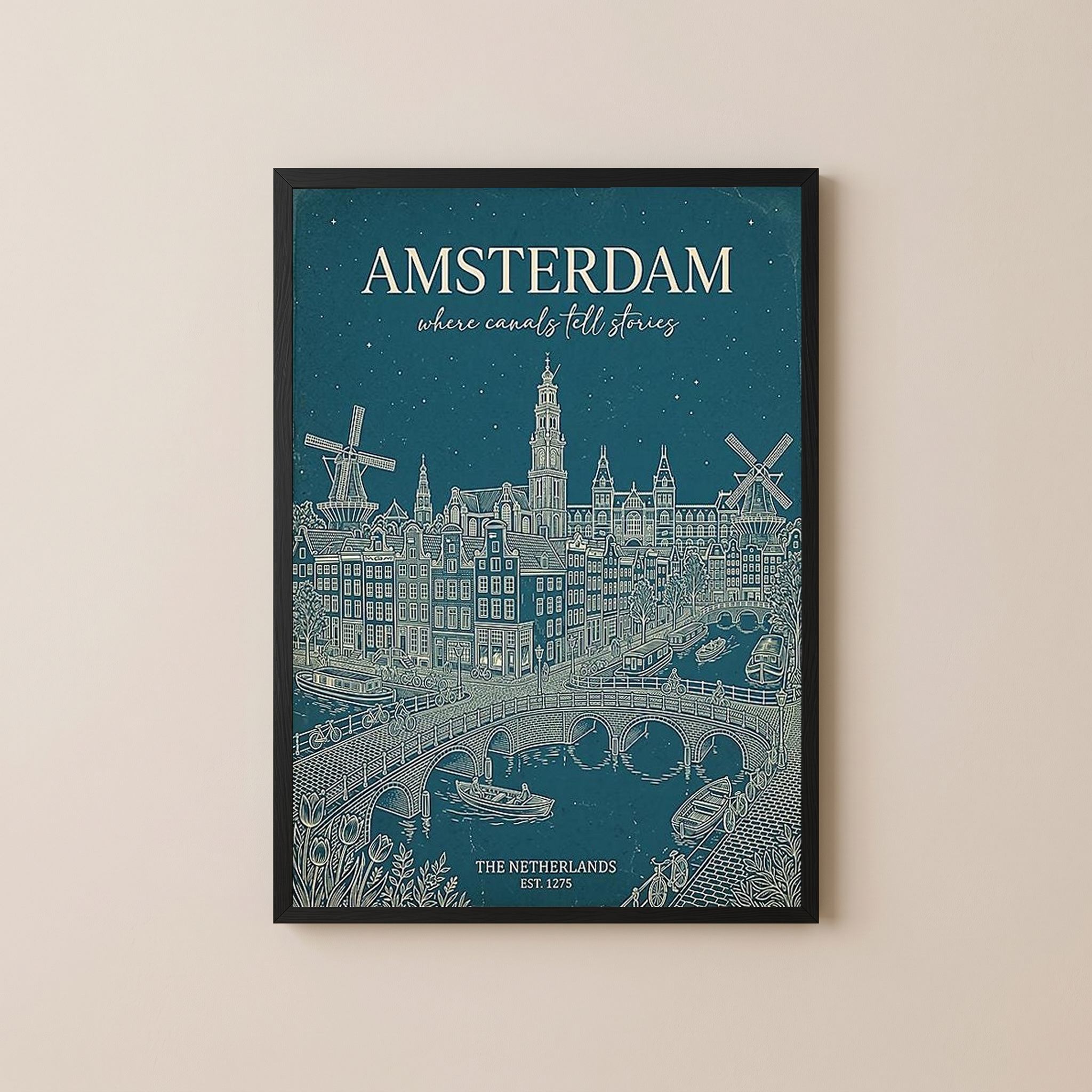Amsterdam Line Art Print — Teal Canal Windmill Skyline Wall Art