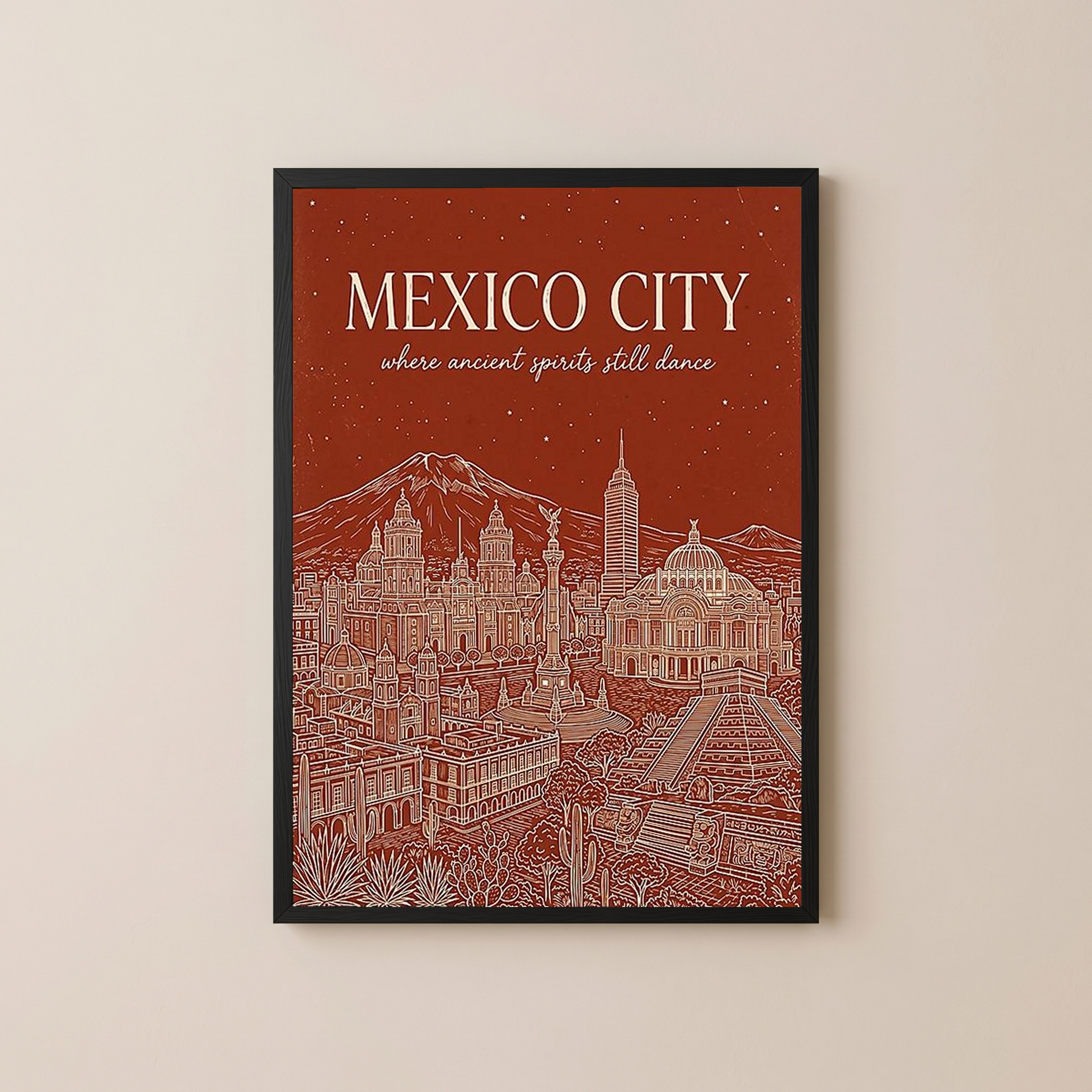 Mexico City Line Art Print — Rust Bellas Artes Templo Mayor Skyline Wall Art