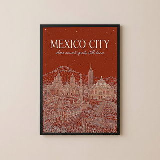 Mexico City Line Art Print — Rust Bellas Artes Templo Mayor Skyline Wall Art