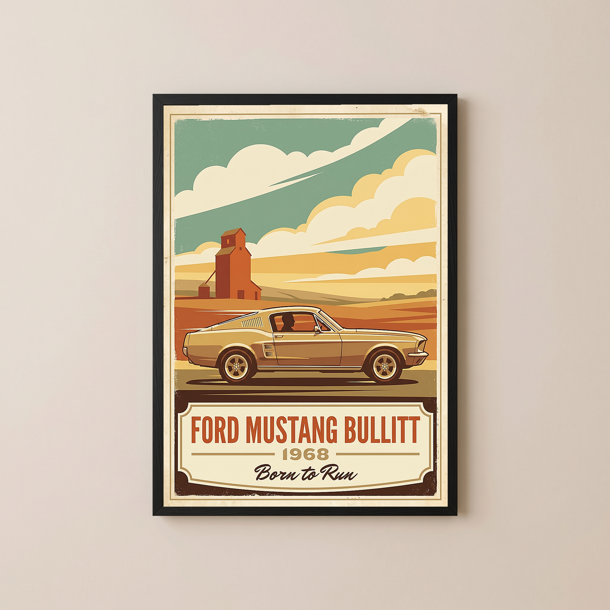 Ford Mustang Bullitt 1968 V2 Poster — Vintage Muscle Country Silo Print