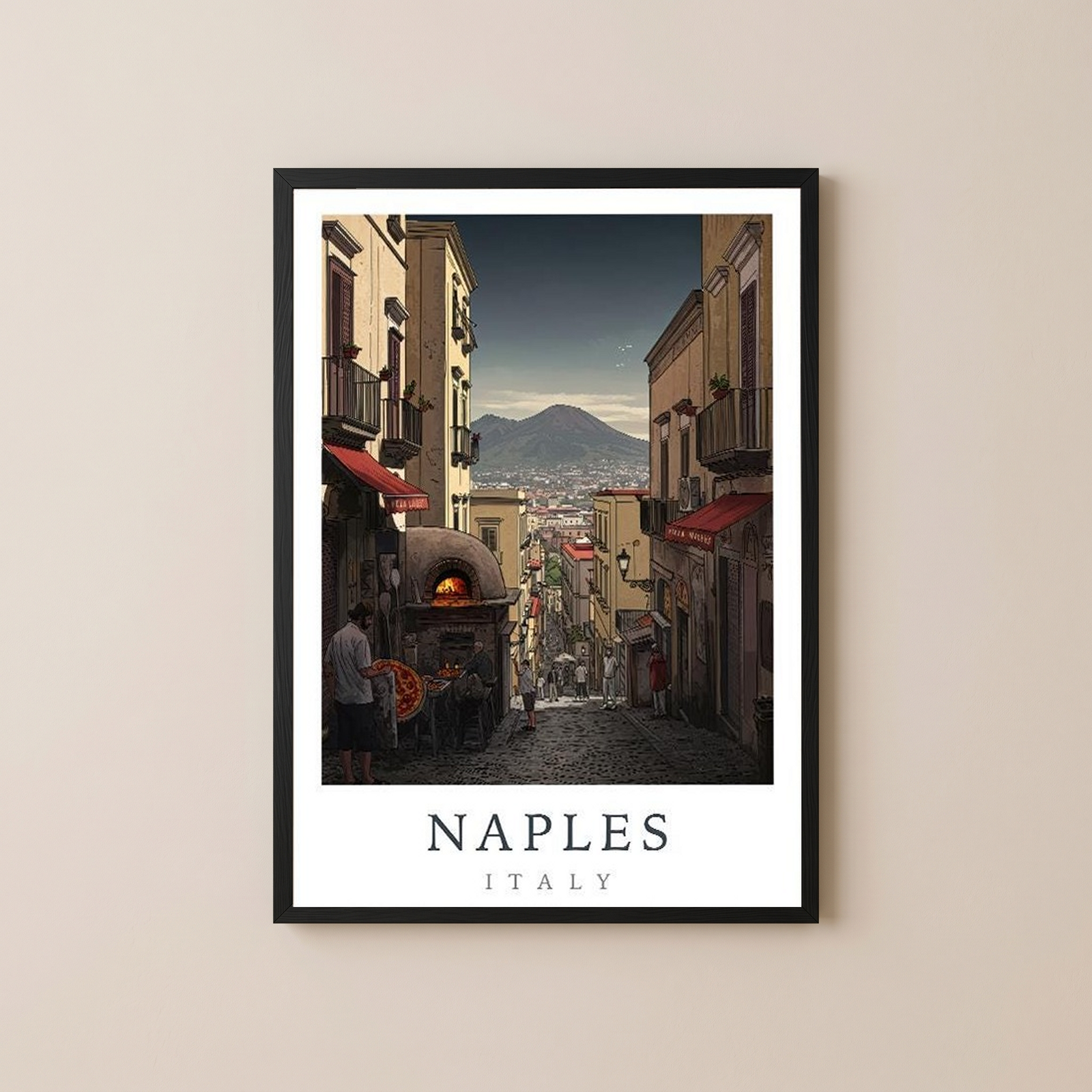 Naples Italy Travel Poster — Vesuvius Pizza Street Scene Print