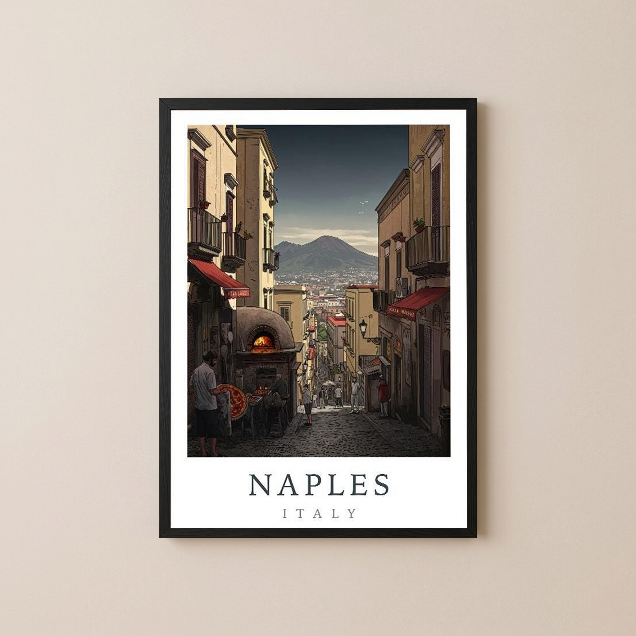 Naples Italy Travel Poster — Vesuvius Pizza Street Scene Print