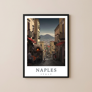 Naples Italy Travel Poster — Vesuvius Pizza Street Scene Print