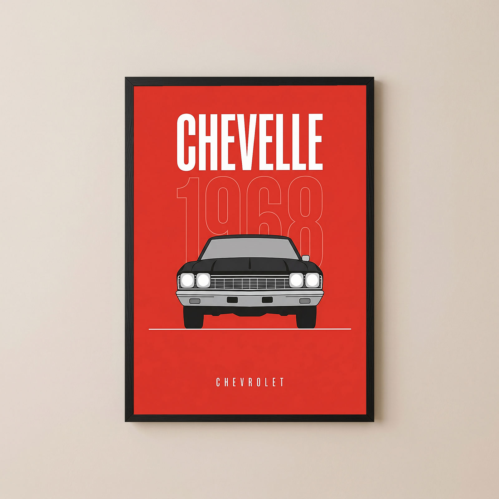 Chevrolet Chevelle 1968 V2 Minimalist Poster — Crimson Sedan Muscle Line Art