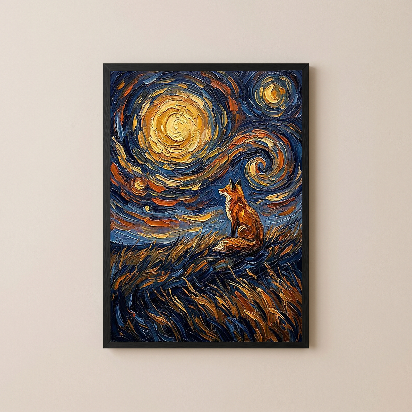 Lone Fox Starry Night Print — Van Gogh-Style Wildlife Hillside Wall Art