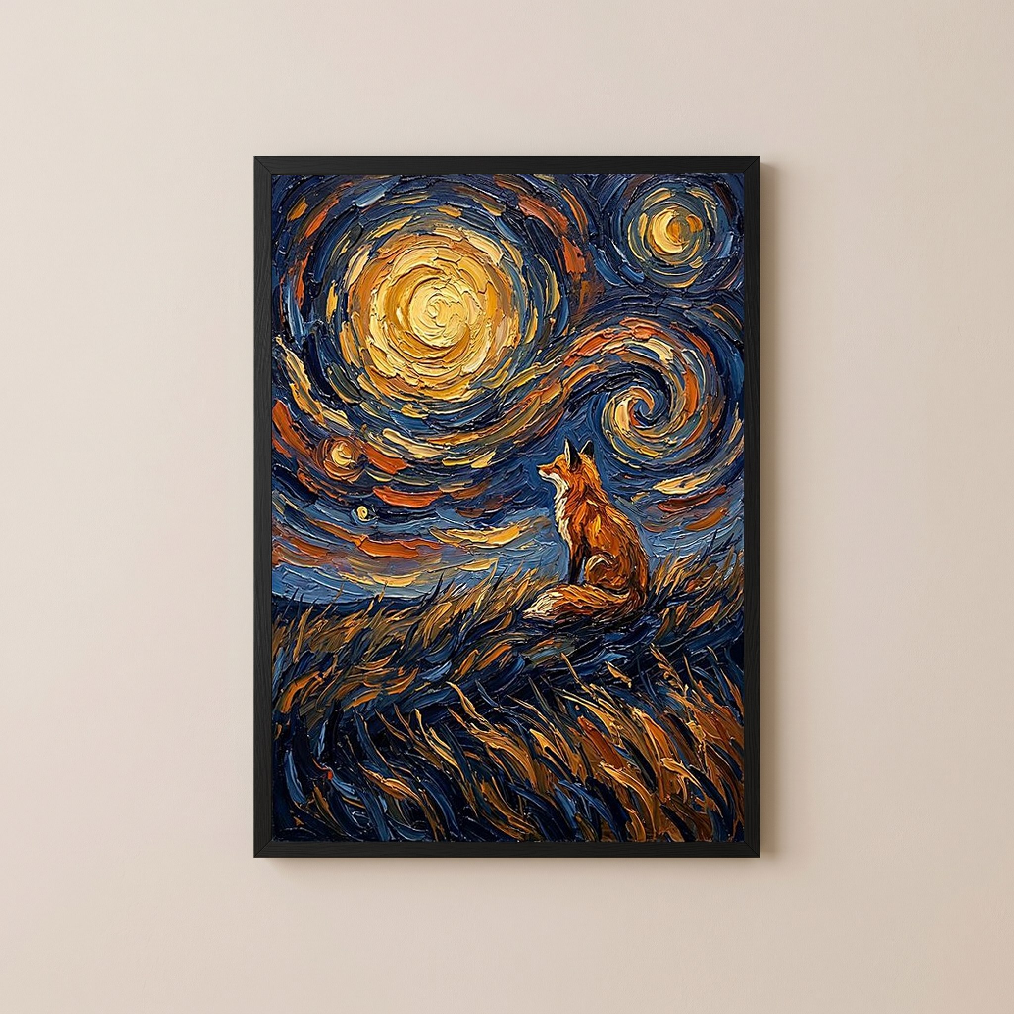 Lone Fox Starry Night Print — Van Gogh-Style Wildlife Hillside Wall Art