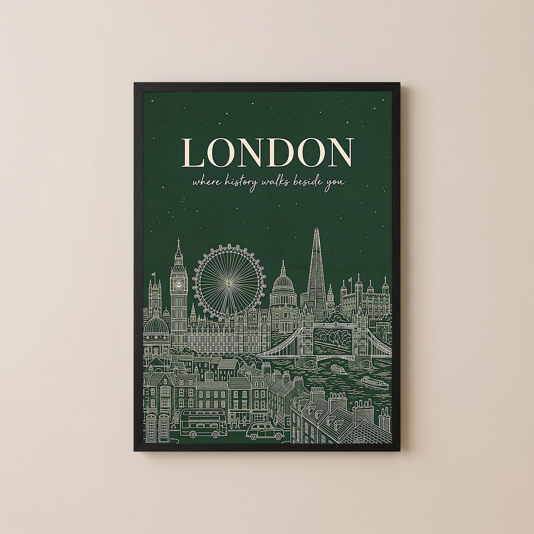 London Line Art Print — Forest Green Big Ben London Eye Skyline Wall Art