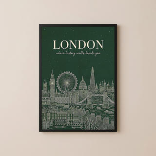 London Line Art Print — Forest Green Big Ben London Eye Skyline Wall Art