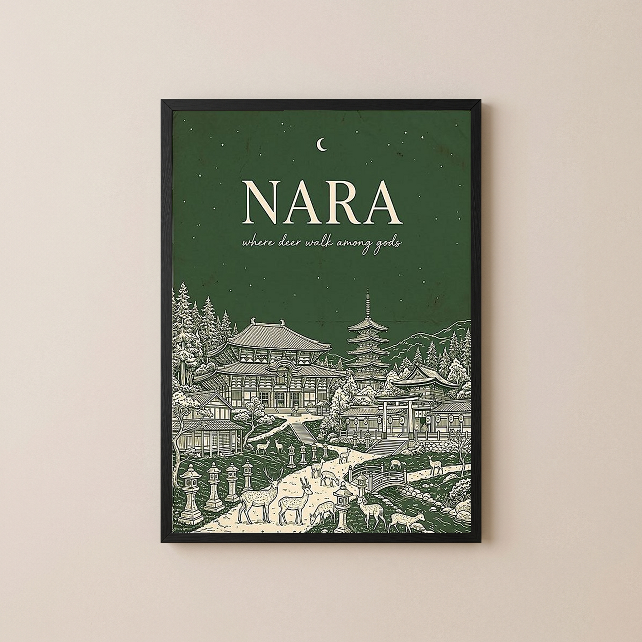 Nara Line Art Print — Forest Green Tōdai-ji Temple Pagoda Deer Wall Art