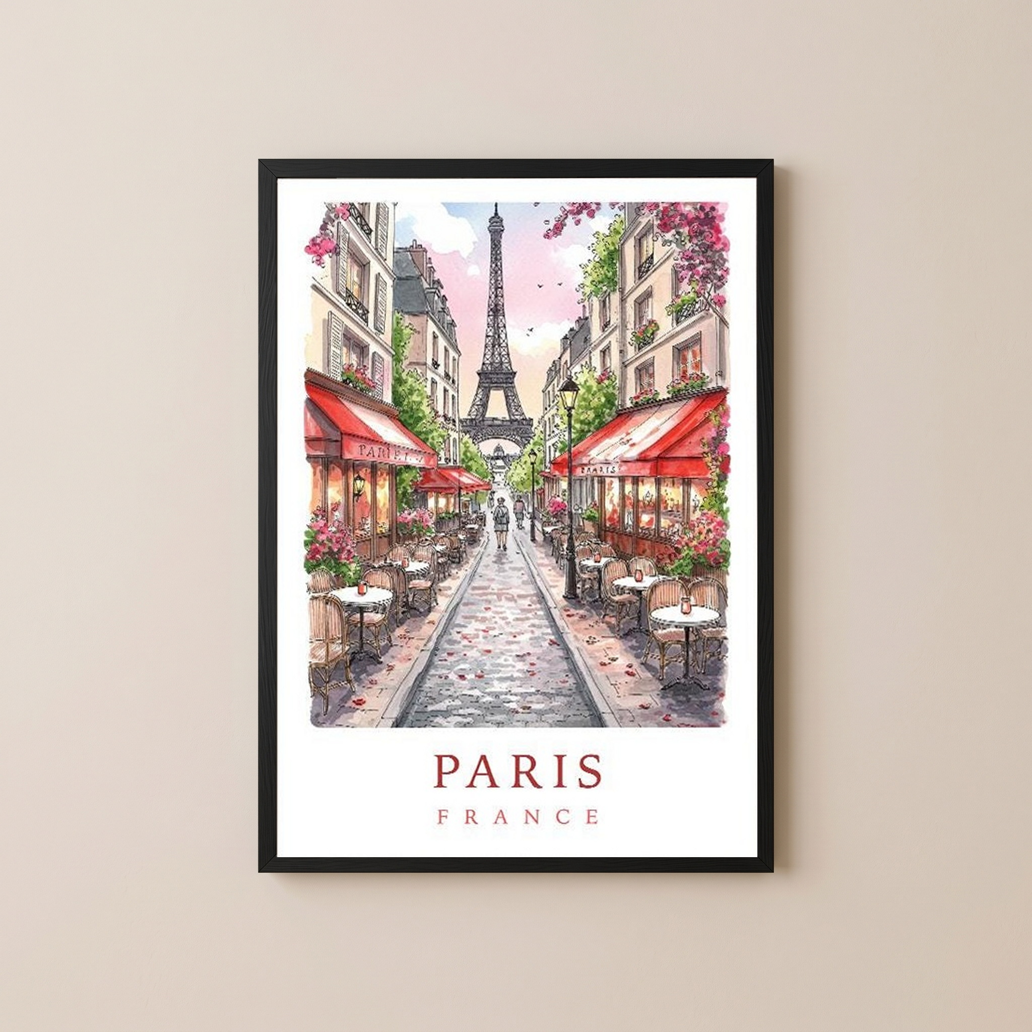 Paris France Travel Poster — Eiffel Tower Street Cafe Print