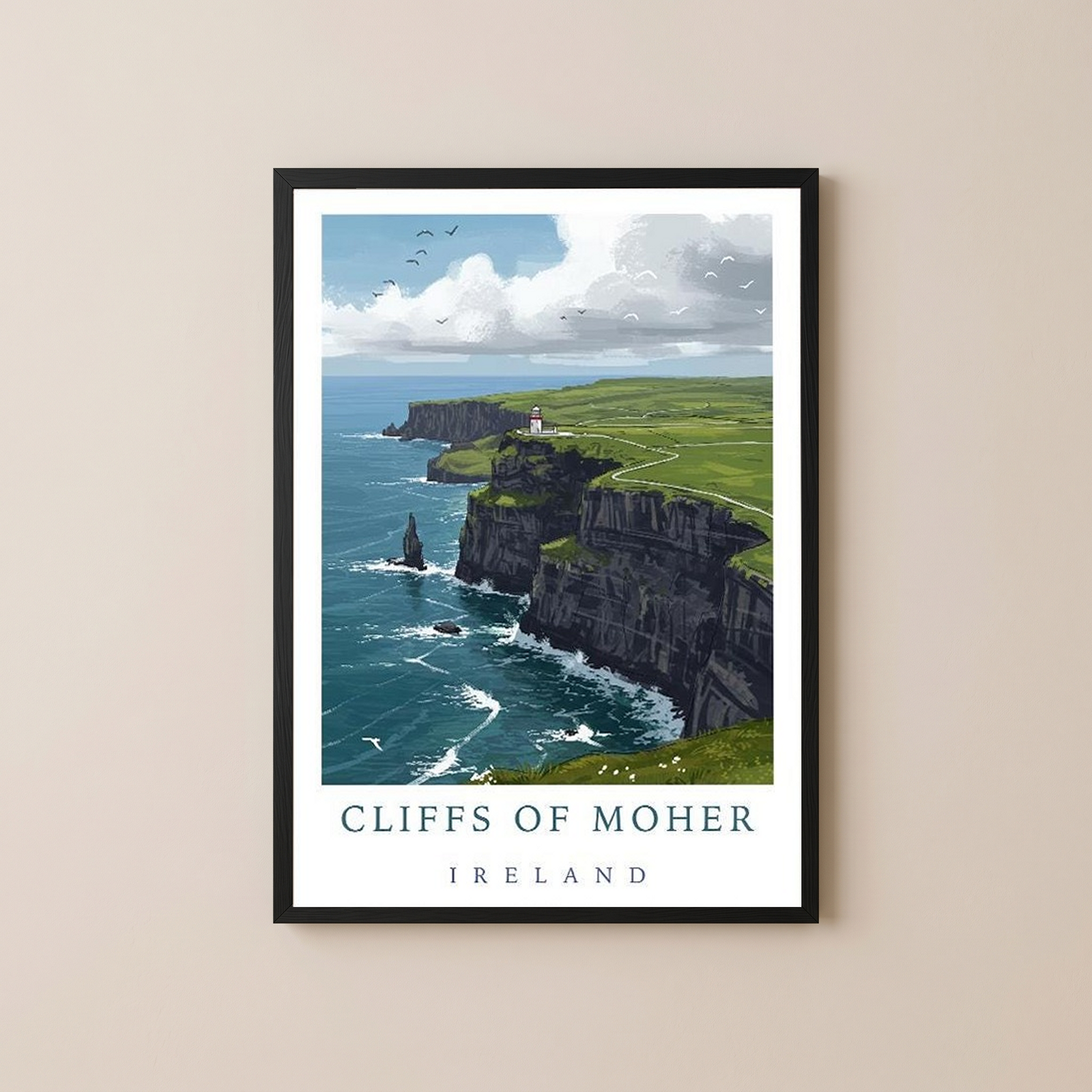 Cliffs of Moher Ireland Travel Poster — Coastal Lighthouse Atlantic Print