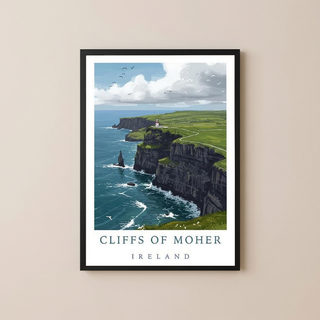 Cliffs of Moher Ireland Travel Poster — Coastal Lighthouse Atlantic Print