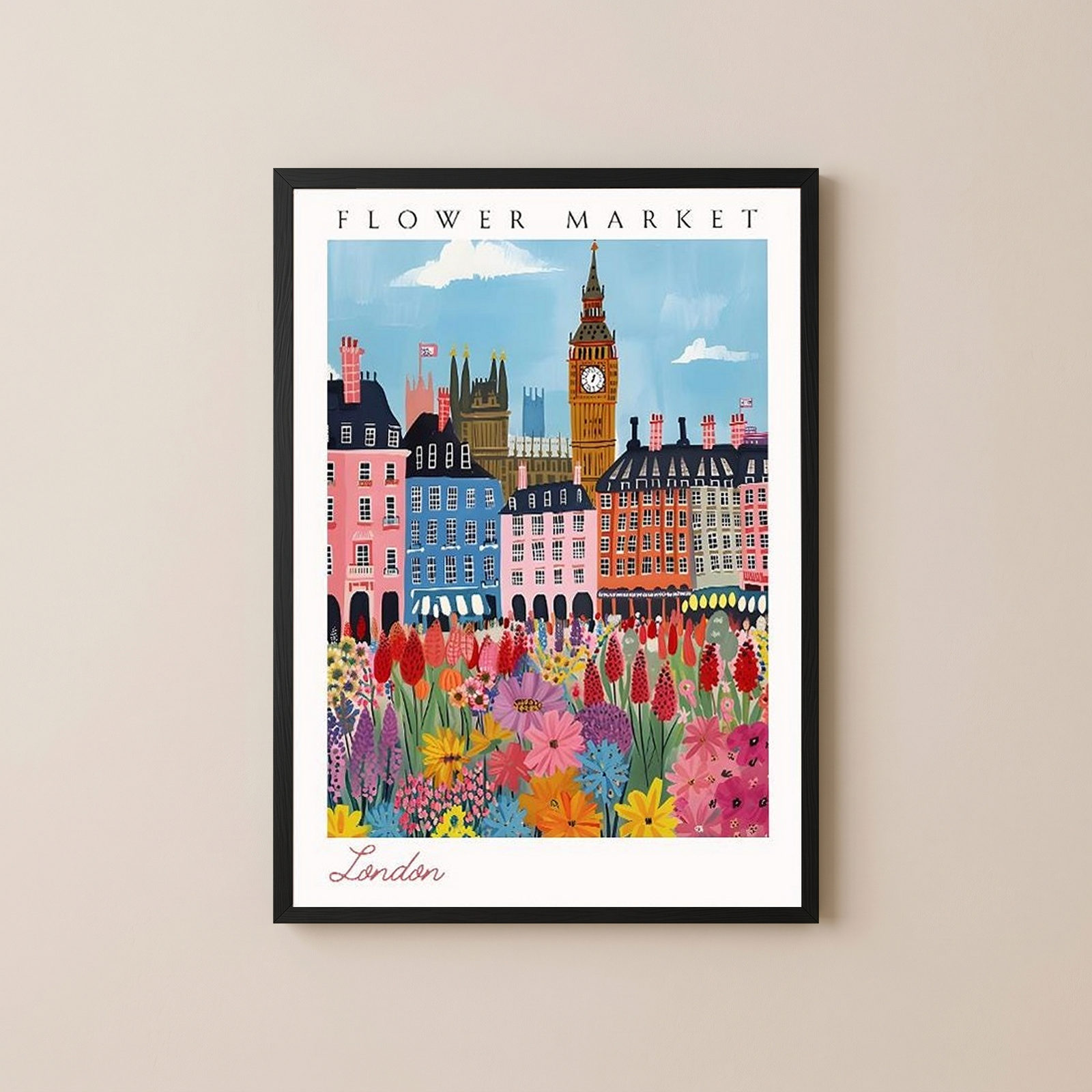 London Flower Market Print — Big Ben Cityscape British Botanical Art