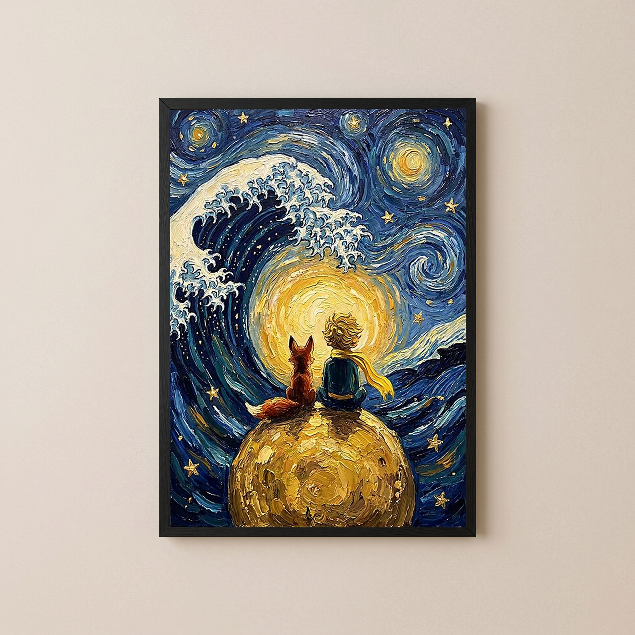 Little Prince Fox &amp; Planet Print — Van Gogh-Style Nursery Wall Art