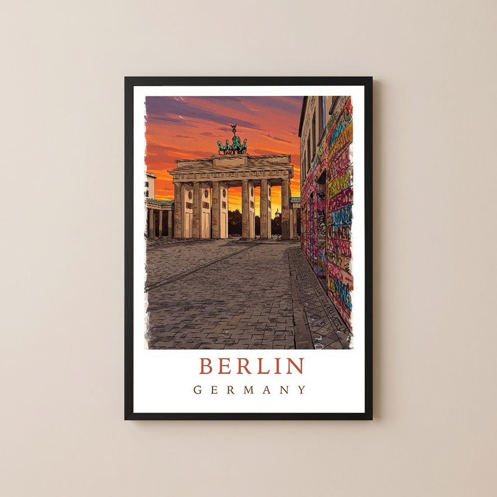 Berlin Germany Travel Poster — Brandenburg Gate Sunset Graffiti Print