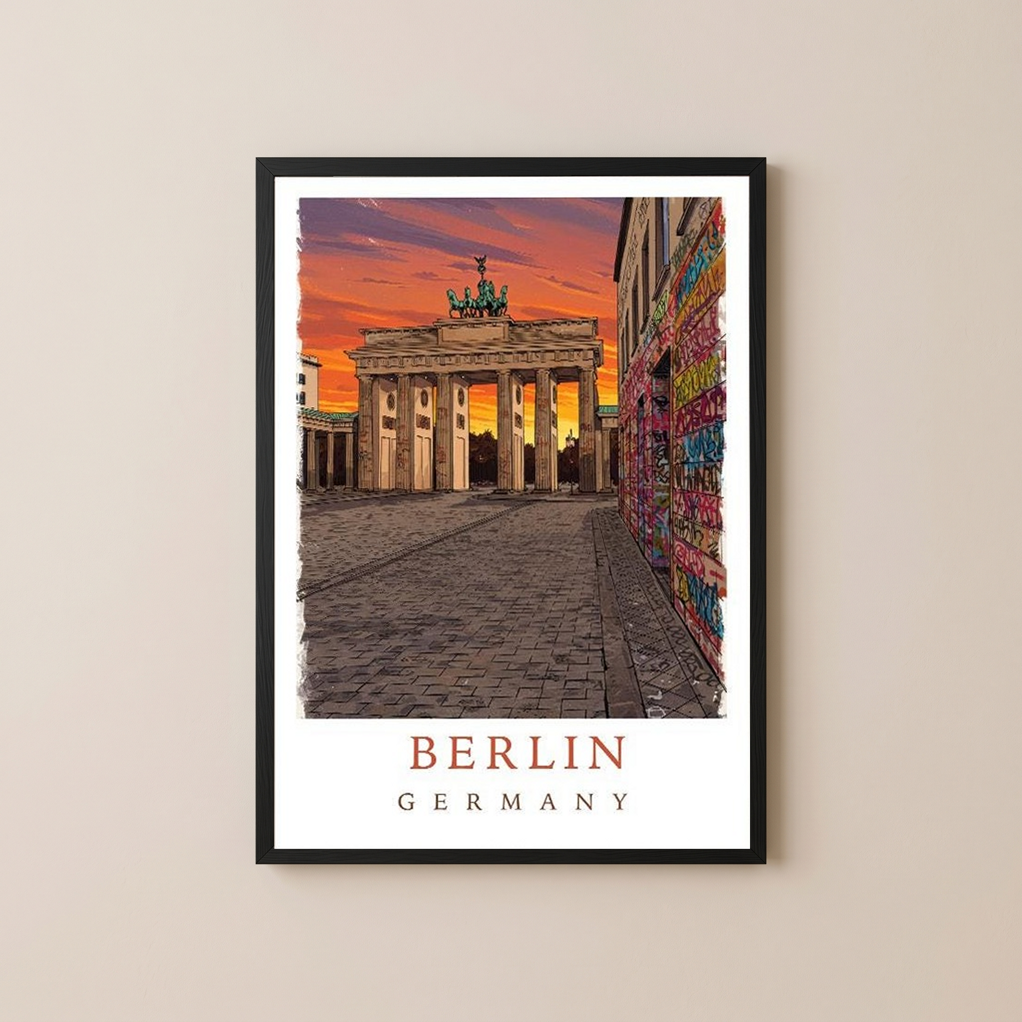 Berlin Germany Travel Poster — Brandenburg Gate Sunset Graffiti Print