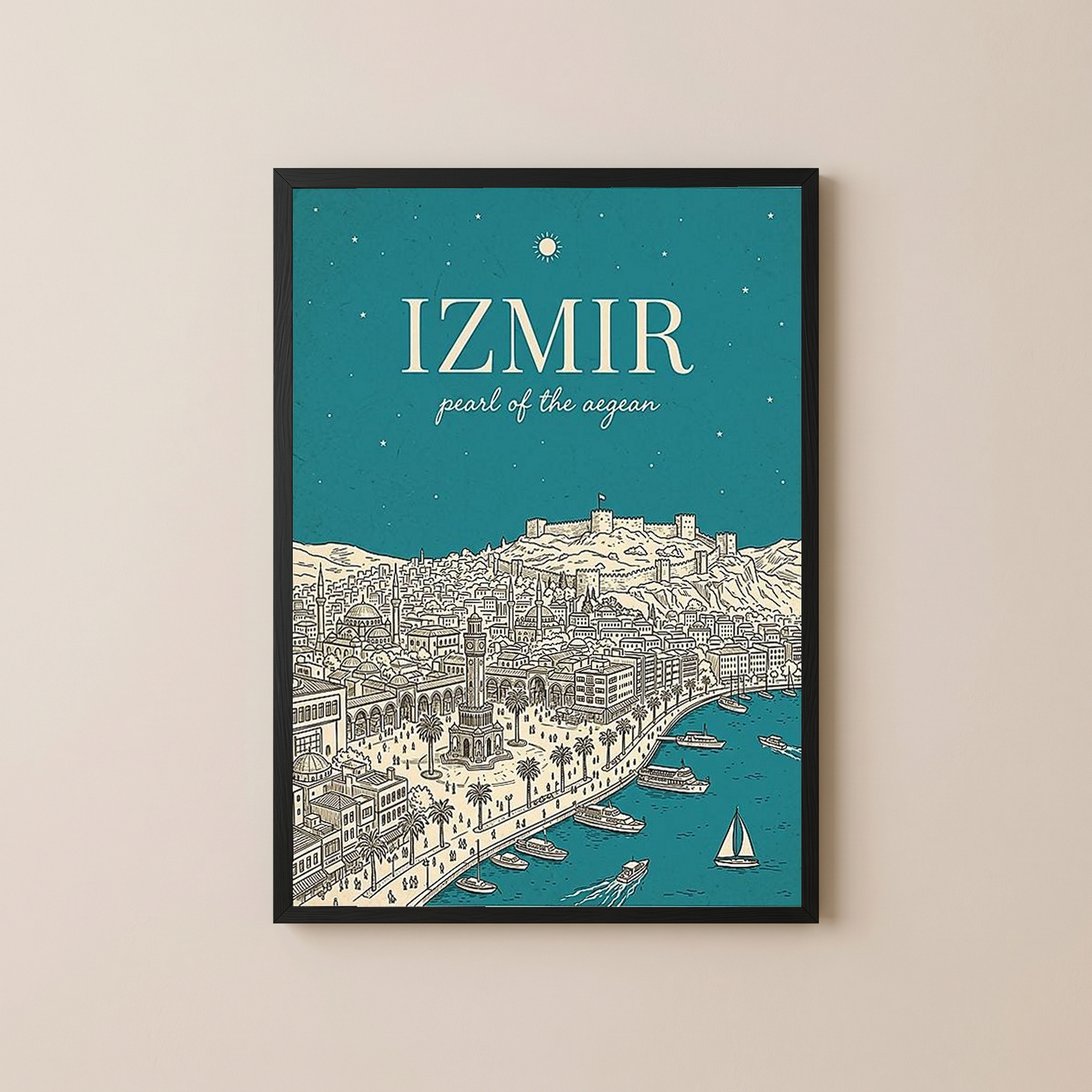 İzmir Line Art Print — Teal Clock Tower Kadifekale Aegean Coast Wall Art