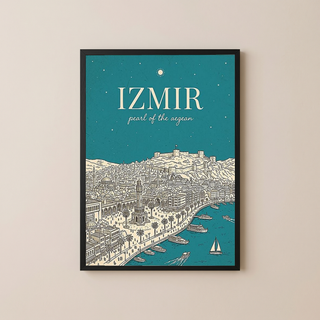İzmir Line Art Print — Teal Clock Tower Kadifekale Aegean Coast Wall Art