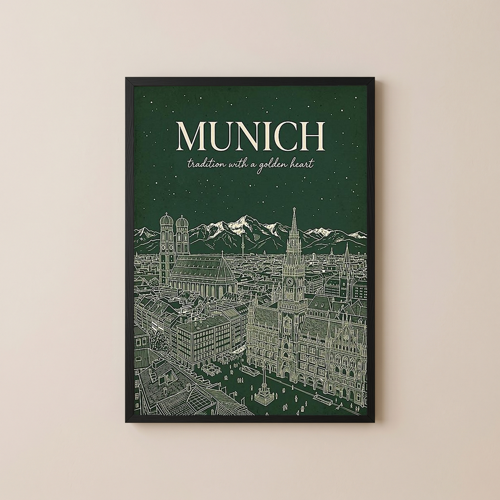 Munich Line Art Print — Forest Green Frauenkirche Marienplatz Skyline Wall Art